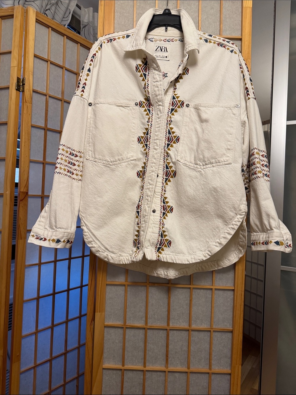Zara Cream Embroidered Button-Up Shacket with Multicolor Trim